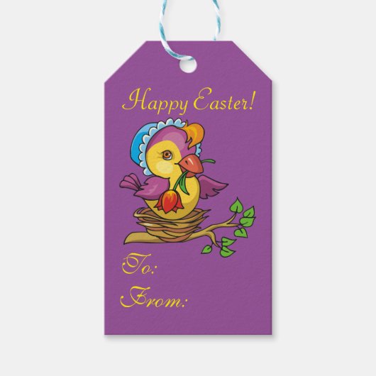 Chick Nesting Flowers Paars EasterGift-Label Cadeaulabel (Voorkant)