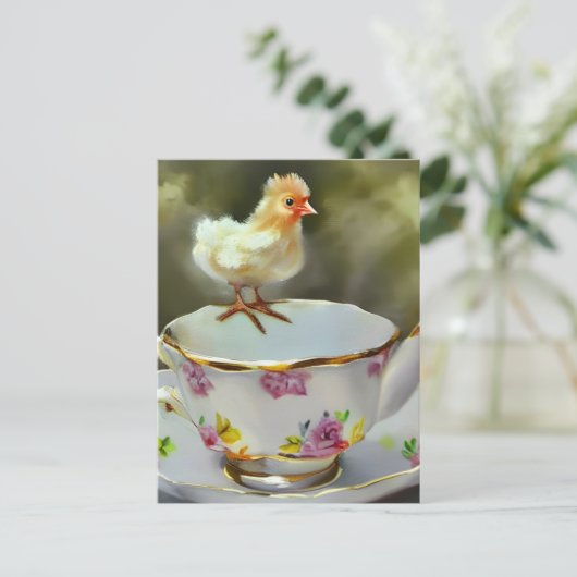 Chick op een theekopje briefkaart (Staand voorkant)