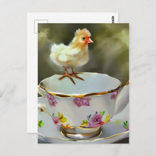 Chick op een  theekopje briefkaart (Voorkant / Achterkant)
