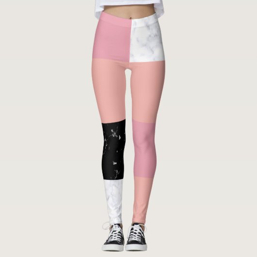 Chick oranje roze zwart marmer kleurenblok leggings (Voorkant)