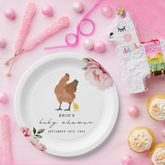 Chick roze boog bloemig kip meisje Baby shower Papieren Bordje (Feest)