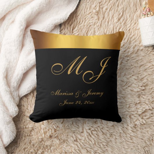 Chick Zwart Goud Monogram Script Bruiloft Kussen (Deken)