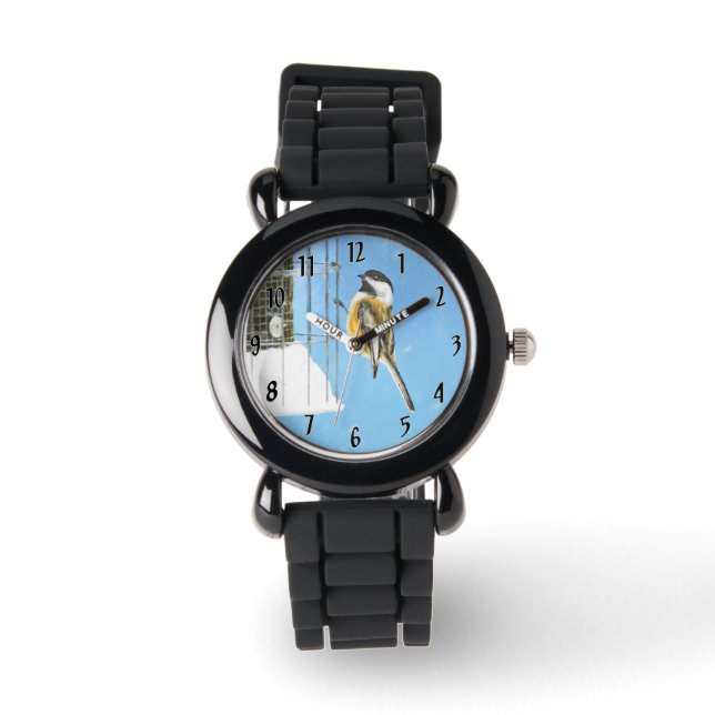 Chickade op Feeder - Originele Wild Bird Art Horloge (Voorkant)