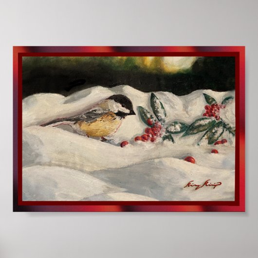 Chickadee and Mistletoe on Christmas Winter Snow P Poster (Voorkant)