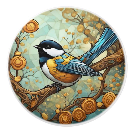 Chickadee Bird Art Nouveau Art Deco Grote Tiet Keramische Knop (Voorkant)