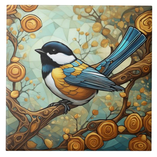 Chickadee Bird Art Nouveau Art Deco Grote Tiet Tegeltje (Voorkant)