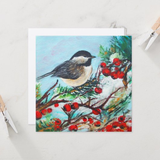 Chickadee Bird Berries Art Card Kaart (Voorkant / Achterkant in situ)