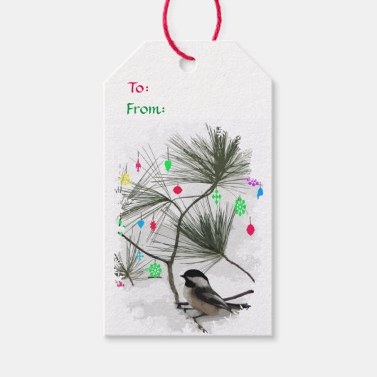 Chickadee Bird Christmas Tree Pack met cadeau-Labe Cadeaulabel (Voorkant)