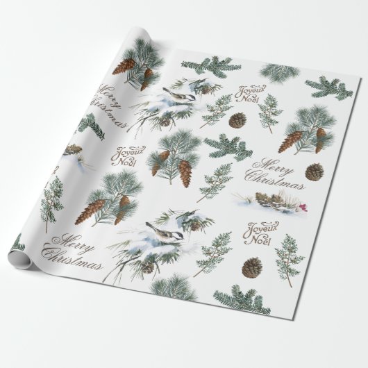 Chickadee Bird Evergreen kerst French Cadeaupapier (Uitgerold)