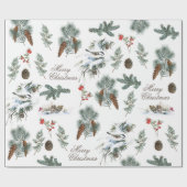 Chickadee Bird Evergreen Pinecone Merry Kerstmis Cadeaupapier (Vlak)