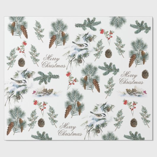 Chickadee Bird Evergreen Pinecone Merry Kerstmis Cadeaupapier (Vlak)