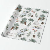 Chickadee Bird Evergreen Pinecone Merry Kerstmis Cadeaupapier (Uitgerold)