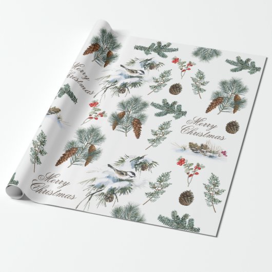 Chickadee Bird Evergreen Pinecone Merry Kerstmis Cadeaupapier (Uitgerold)