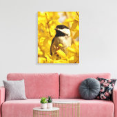 Chickadee Bird in Forsythia Flowers Canvas Print (Insitu (Woonkamer))