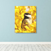 Chickadee Bird in Forsythia Flowers Canvas Print (Insitu (Houten vloer))