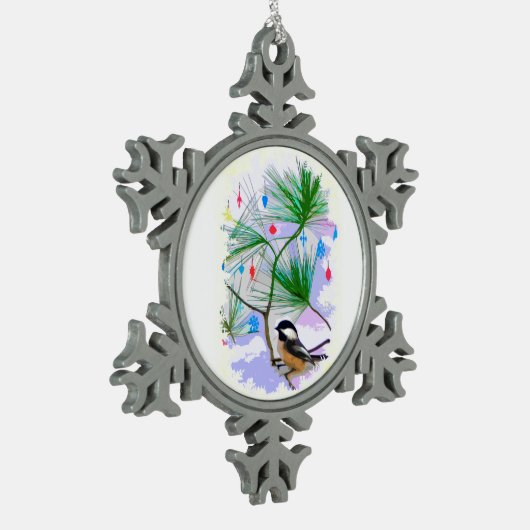 Chickadee Bird in Tree Pewter Snowflake Magnet Tin Sneeuwvlok Ornament (Links)