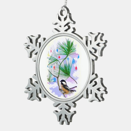 Chickadee Bird in Tree Pewter Snowflake Magnet Tin Sneeuwvlok Ornament (Rechts)