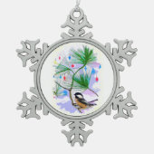 Chickadee Bird in Tree Pewter Snowflake Magnet Tin Sneeuwvlok Ornament (Voorkant)