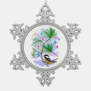 Chickadee Bird in Tree Pewter Snowflake Magnet Tin Sneeuwvlok Ornament