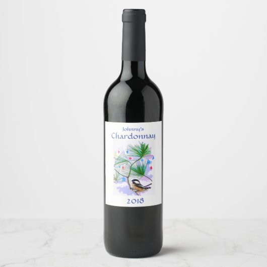Chickadee Bird in Tree Wine Label Wijn Etiket (Voorkant)