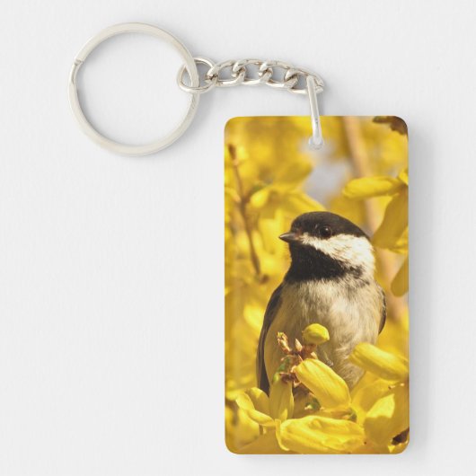 Chickadee Bird in Yellow Flowers AcrylSleutelhange Sleutelhanger (Voorkant)