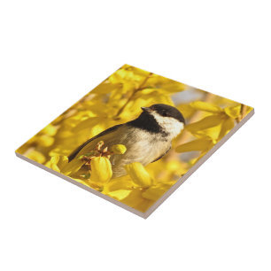 Chickadee Bird in Yellow Flowers Ceramic Tile Tegeltje