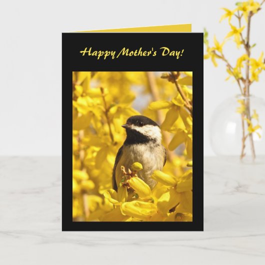 Chickadee Bird in Yellow Flowers Moederdag Kaart (Gele Bloem)