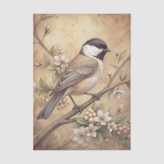 Chickadee Bird on a Branch with White Blossoms Tissuepapier (Voorkant)