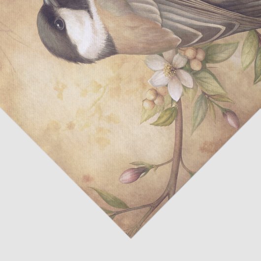 Chickadee Bird on a Branch with White Blossoms Tissuepapier (Detail)