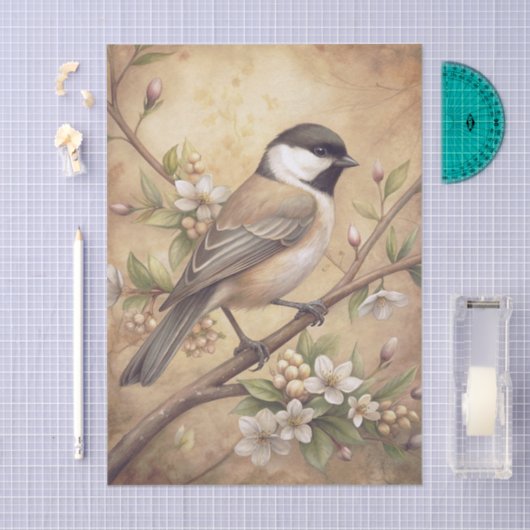 Chickadee Bird on a Branch with White Blossoms Tissuepapier (Craft)