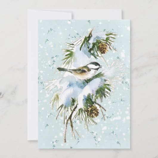 Chickadee Bird Pinecone Snow Winter Kerstmis Blauw Feestdagenkaart (Voorkant)