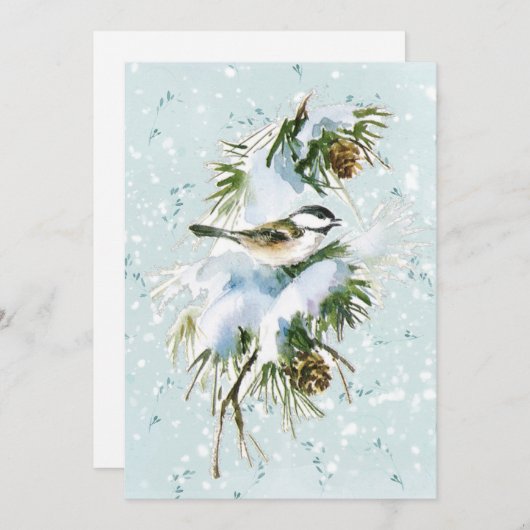 Chickadee Bird Pinecone Snow Winter Kerstmis Blauw Feestdagenkaart (Voorkant / Achterkant)