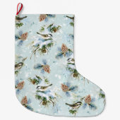 Chickadee Bird Pinecone Snow Winter Kerstmis Blauw Grote Kerstsok (Voorkant)