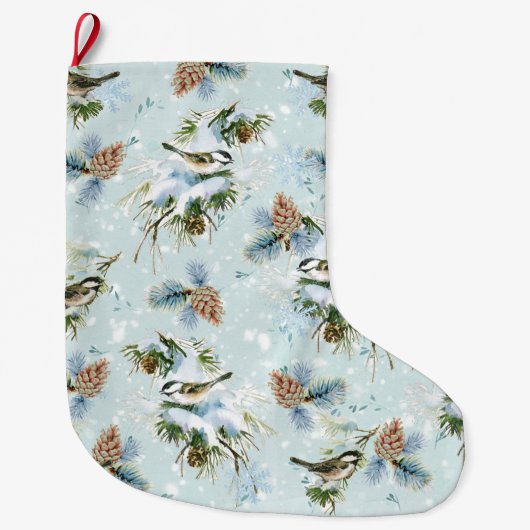 Chickadee Bird Pinecone Snow Winter Kerstmis Blauw Grote Kerstsok (Voorkant)