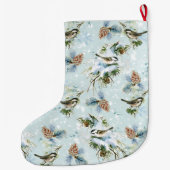 Chickadee Bird Pinecone Snow Winter Kerstmis Blauw Grote Kerstsok (Achterkant)