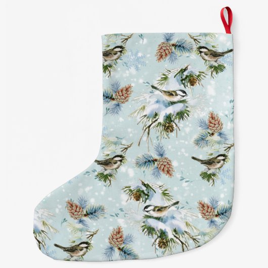 Chickadee Bird Pinecone Snow Winter Kerstmis Blauw Grote Kerstsok (Achterkant)