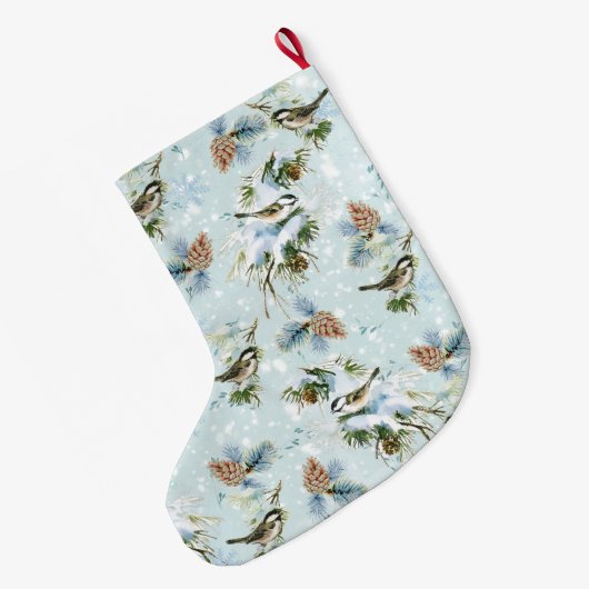 Chickadee Bird Pinecone Snow Winter Kerstmis Blauw Grote Kerstsok (Achterkant (Hangend))