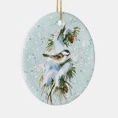 Chickadee Bird Pinecone Snow Winter Kerstmis Blauw Keramisch Ornament (Rechts)