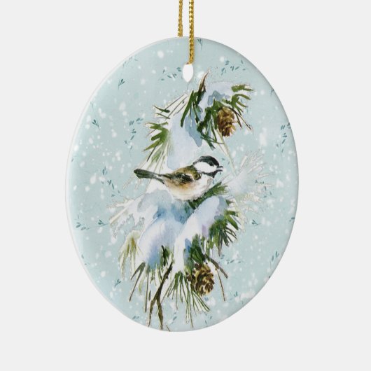 Chickadee Bird Pinecone Snow Winter Kerstmis Blauw Keramisch Ornament (Rechts)
