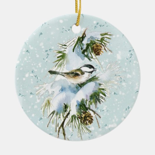 Chickadee Bird Pinecone Snow Winter Kerstmis Blauw Keramisch Ornament (Voorkant)