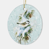 Chickadee Bird Pinecone Snow Winter Kerstmis Blauw Keramisch Ornament (Links)