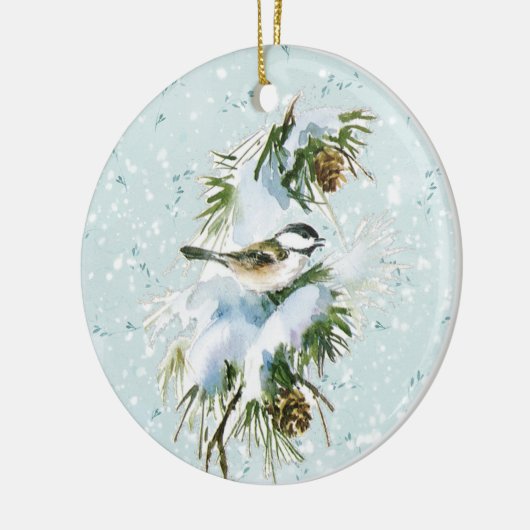 Chickadee Bird Pinecone Snow Winter Kerstmis Blauw Keramisch Ornament (Links)