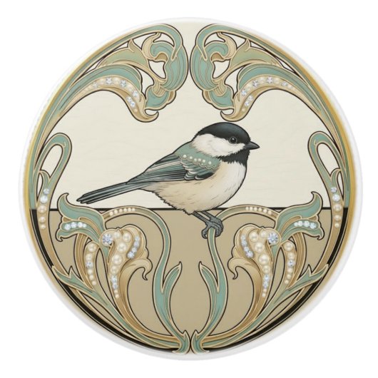 Chickadee Bird Sage Green & Gold Art Deco Nouveau Keramische Knop (Voorkant)