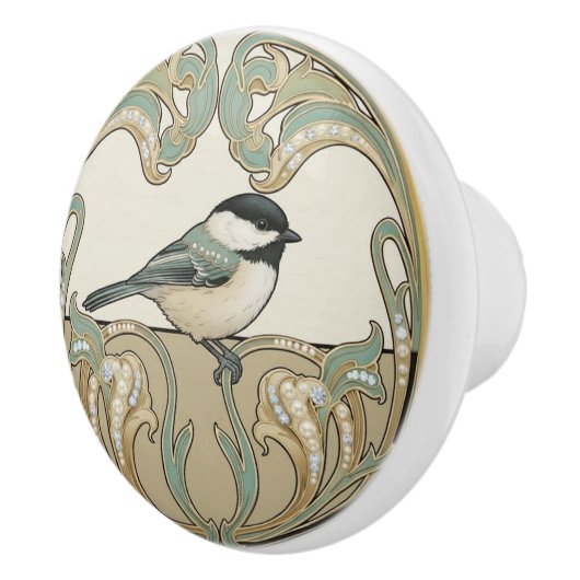 Chickadee Bird Sage Green & Gold Art Deco Nouveau Keramische Knop (Rechts)