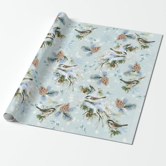 Chickadee Bird Snow Pinecone Woodland Kerstmis Cadeaupapier (Uitgerold)