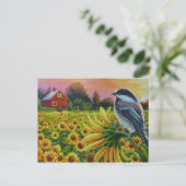 Chickadee Bird Sunflower Red Barn Waterverf Art Briefkaart (Staand voorkant)