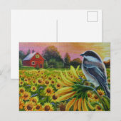 Chickadee Bird Sunflower Red Barn Waterverf Art Briefkaart (Voorkant / Achterkant)