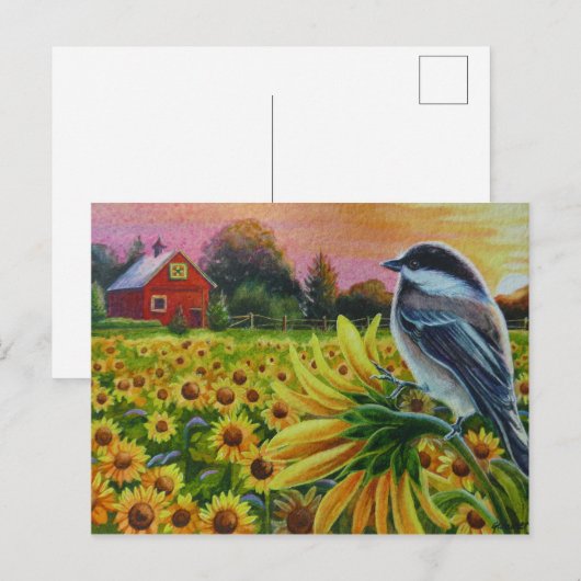 Chickadee Bird Sunflower Red Barn Waterverf Art Briefkaart (Voorkant / Achterkant)