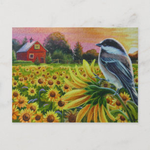Chickadee Bird Sunflower Red Barn Waterverf Art Briefkaart
