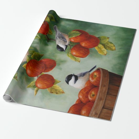 Chickadee Birds Apple Harvest Cadeaupapier (Uitgerold)
